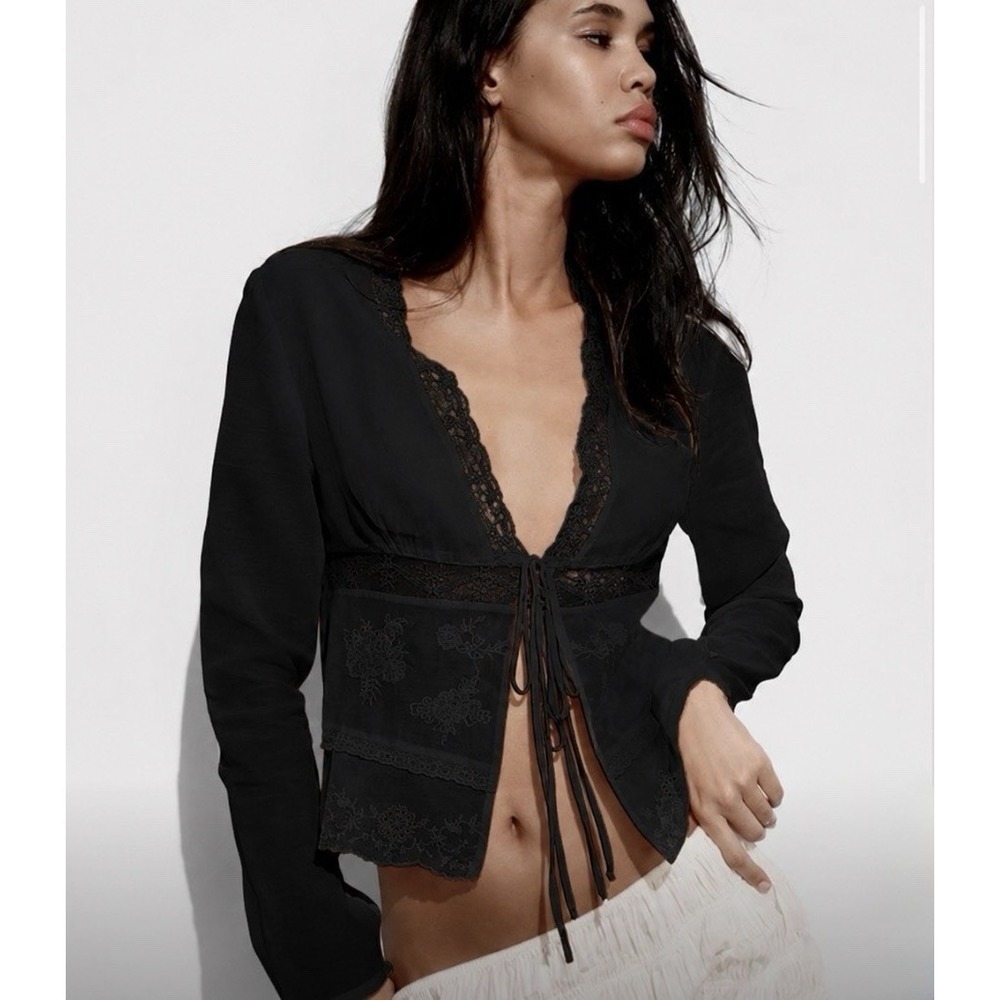 Zara Black Cotton Lightweight Lace Long Sleeve Tie Front Kimono Cover Top Sz XS